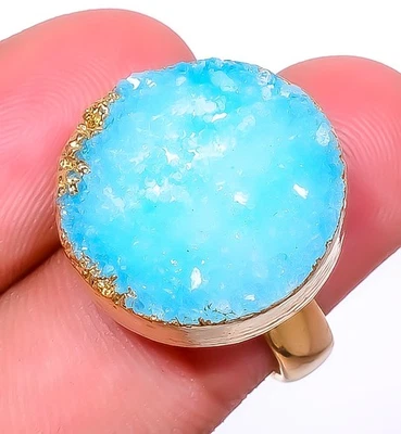 Anel de latão folheado a ouro eletroformado quartzo azul aqua drusa tamanho ajustável (23) - Imagem 1 de 4