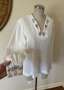 Vintage 70s Embroidered Hippie Floral Tunic Cotton Long Sleeve Woman's Small - Picture 1 of 7