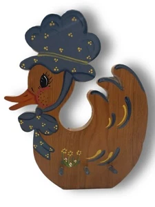 VTG Tole Painted Wooden Pine Duck Wall Hanging Peg Rack Country Folk Art Blue - Picture 1 of 6