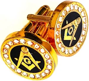 Masonic Crystal Cufflinks Cuff Links Square & Compass Black Bass RHINESTONES - Picture 1 of 5