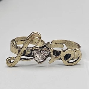 Double Finger LOVE Ring Gold Tone Adjustable Crystal Heart Script - Picture 1 of 8