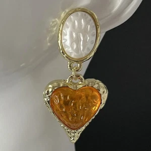 Gripoix Earrings Amber Heart Gold Tone Pierced Poured Resin Dangle Statement - Picture 1 of 5