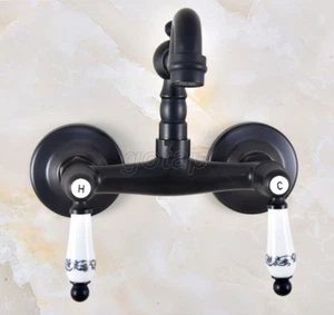 Oil Rubbed Bronze Wall Mount Dual Handles Bathroom Sink Faucet Swivel Mixer Tap - Picture 1 of 6