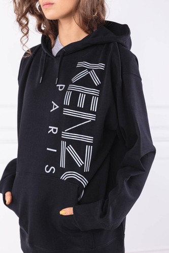 Kenzo Pullover Felpa con Cappuccio Donna Grande Nero Parigi Foderato in Pile Coulisse Spellout