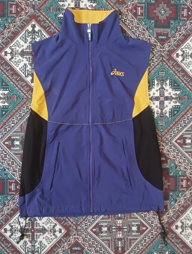 Chaleco cortavientos vintage años 90 ASICS para mujer cremallera completa talla mediana púrpura amarillo  Foto 1 de 4