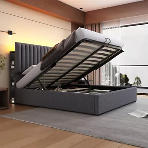 Polsterbett Doppelbett 140x200 cm Stauraumbett LED Bettgestell mit Bettkasten - Bild 1 von 10