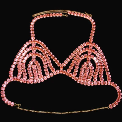 Women Rhinestone Necklace Bras Tassel Pink Squares Metal Jewel Body Chain 20019 - Image 1 of 4