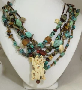Multi Gemstone Necklace and Earrings Natural Stones 6 Strands Features Bone Cat - Picture 1 of 9