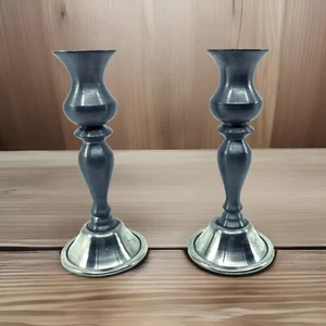 1977 CRANE PEWTER 2 Handmade 6.5" CANDLESTICKS Made in INDIANA SIGNED - Picture 1 of 9
