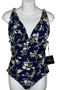 Nip Tuck size 12 swimsuit one piece tank blue gold foil v neck ruching NWT