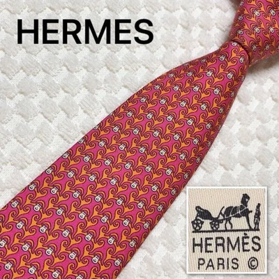 Corbata Hermès Mono Estampado Animal 100% Seda Hecha en Francia 5384 OA Rosa Naranja Foto 1 de 4