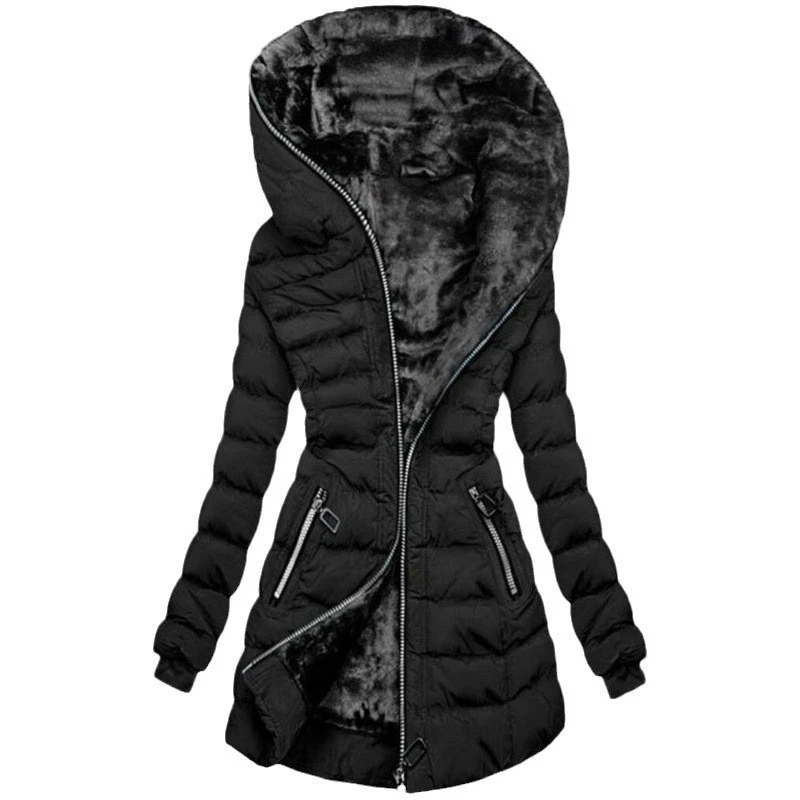 Chaqueta acolchada polar cálida con capucha para mujer - Abrigo de invierno negro de longitud media Foto 1 de 1