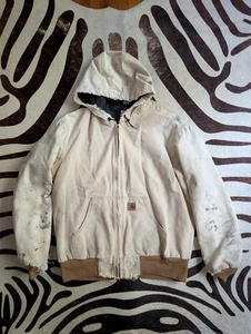 Vintage 90s Distressed and Faded Khaki Carhartt Hooded Jacket Size Med Work Wear - Bild 1 von 19