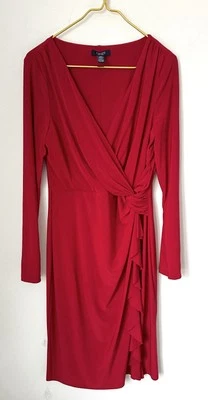 Chaps Bold Red Long Sleeve Stretch Fitted V-Neck Wrap Style Dress Women’s Large - Image 1 of 4