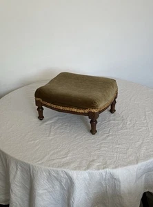 Antique Olive Green Velvet Wooden Stool Ottoman Accent Footstool - Picture 1 of 10