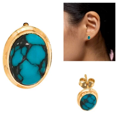 Ohrringe Ohrstecker 585 Gold 14 Karat oval Goldohrringe Türkise blau oval neu - Bild 1 von 2