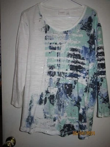 Weekends by Chico's 3/4 Sl. Blue, Green & White Top, size 3 - Picture 1 of 8