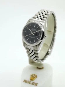 Men's Rolex Datejust Watch 16200 36mm Gloss Black Stick Stainless Steel #W13 - Picture 1 of 12