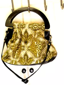 Tapestry & leather Mushmina CARPET BAG PURSE wood handle shoulder olive &cream - Picture 1 of 6