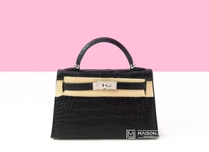 NEW HERMES BLACK GRIS PERLE HSS MATTE CROCODILE MINI KELLY II 20 POCHETTE BAG - Picture 1 of 2