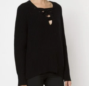 Nili Lotan Black 100% Cashmere Chunky Knit Alix Lace Up Sweater Size Small $998 - Picture 1 of 9