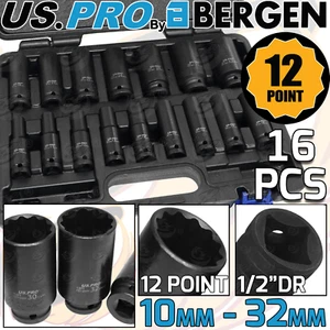 US PRO 12 Point DEEP IMPACT Socket Set 1/2" Drive Long Reach Impact Sockets 16pc - Picture 1 of 5