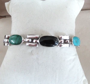Vintage Taxco 950 Sterling Turquoise Link Bracelet TO-42 Mexico, 7 inches Long - Picture 1 of 14