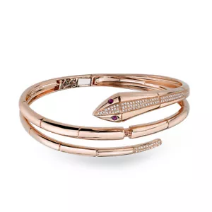 14K Rose Gold Natural Diamond Ruby Eyes Snake Wrap Bangle Bracelet Push Clasp - Picture 1 of 2
