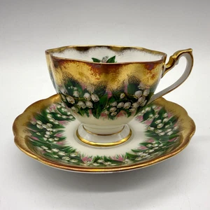 Queen Anne Maiglöckchen Gold Rouge Teetasse mit Fuß Untertasse Set England 5074 - Bild 1 von 7
