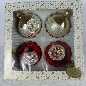 Vier mundgeblasene polierte Glas Ornamente rot gold silber Einzug Weihnachtskugeln - Bild 1 von 14