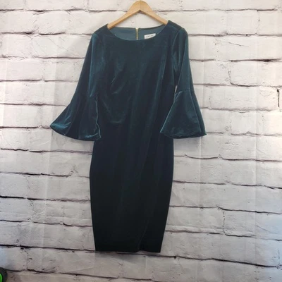 Calvin Klein Dress Womens 8 Green Velvet Bell Sleeve Sheath Cocktail Party - Image 1 of 4