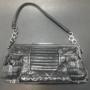 David & Scotti Metallic Gray Shoulder Fringe Metal Handle Handbag Purse w Mirror - Picture 1 of 20