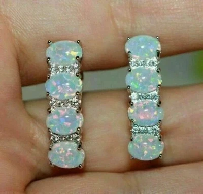 3.5 Ct Oval Lab-Created Fire Opal & Diamond Hoop Earring's 14K White Gold Plated - Image 1 of 4