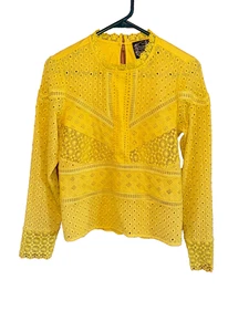 Top boho Anthropologie James Coviello XS amarillo Burnham manga larga ojales encaje - Imagen 1 de 6