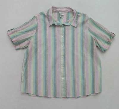 BonWorth Women's Button-Up Top Size XL Purple Green Striped Relaxed Short Sleeve - Image 1 of 4