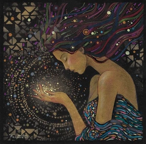 original painting 20 x 20 cm 122KO artwork acrylic gold, pastel modern woman - Picture 1 of 4