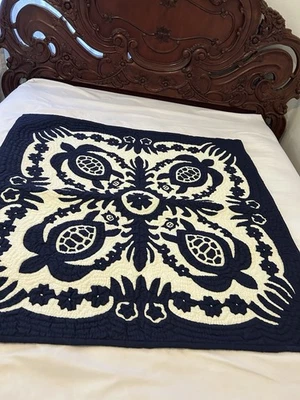 HAWAIIAN Handmade QUILT Baby Blanket WALL HANGING BlueFLORAL 42/42inch Free Ship - Image 1 of 4