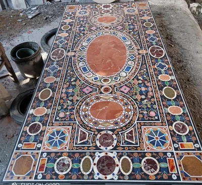 Black Marble Table with Pietra Dura Inlay – 84" x 42"Floral Semi-Precious Stones - Image 1 of 4