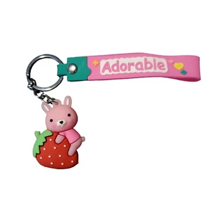 Adorable Bunny Strawberry Keychain Pink Backpack Buddy Purse School Easter New - Picture 1 of 3