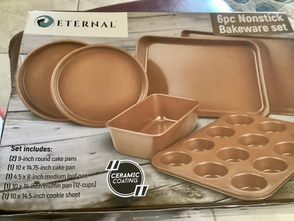 6 Piece Set Copper Nonstick Bakeware Ceramic Infused Loaf Muffin Cake Pan Sheet