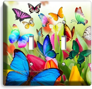 MARIPOSAS TULIPANES FLORES INTERRUPTOR DE LUZ FLORAL 2 PANDILLAS PLACA DE PARED HABITACIÓN DECORACIÓN DEL HOGAR - Imagen 1 de 1