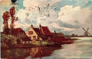 Holandés (?) Postal rotográfica trasera indivisa Village, Woman, Boat, Windmill - 1907 - Imagen 1 de 2