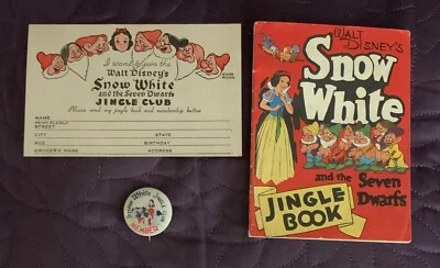 WALT DISNEY'S SNOW WHITE AND THE SEVEN DWARFS JINGLE CLUB LIBRO PIN TARJETA 1938 Foto 1 de 4