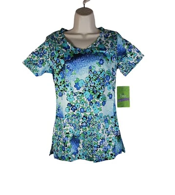 White Swan BIO Womens Scrub top Size XS Cotton Flower Print Blue Lagoon - Image 1 of 4