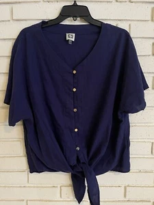 Anne Klein Linen Short Sleeve Front Tie Navy Blue Top Size Large - Picture 1 of 7