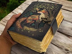 Large fox vintage handmade leather journal grimoire fat journal blank spell book - Picture 1 of 9