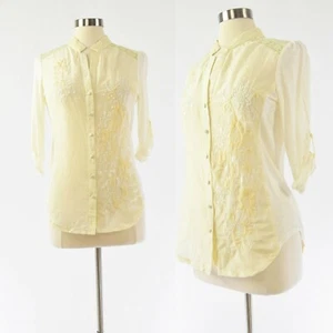 Ivory Embroidered Boho Top Womens M Roll Tab Sleeves Band Collar Mystree Blouse - Picture 1 of 6