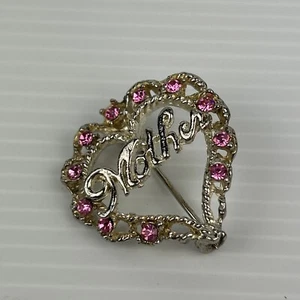 Vintage Mother Heart Brooch Silver Tone Sweetheart Pink Rhinestones Pin - Picture 1 of 14