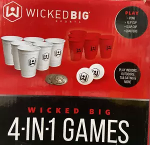 Wicked Big Sports 4-in-1 Games Table Top Party Set Flip Cup/Beer Pong/Quarters - Picture 1 of 12