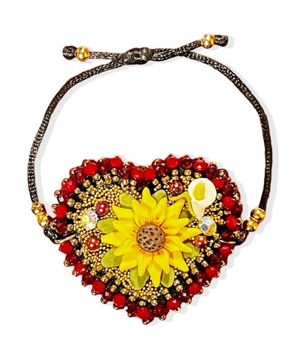 VALENTINO Bracciale Cuore Fascia Regolabile Artigianale Perlina Oro Girasole Rosso Strass